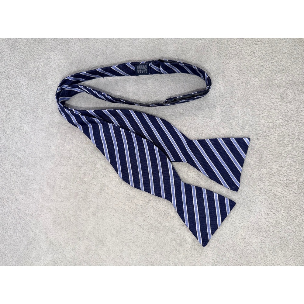Mens Navy Blue‎ Striped Silk Self Tie Bow Tie Adjustable Handmade Repp Stripe